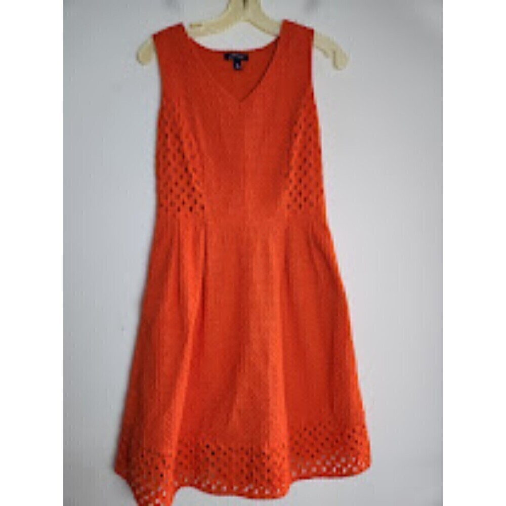 Land's End Women Orange Open Eyelet/Crochet V-Neck A-Line Dress size 6